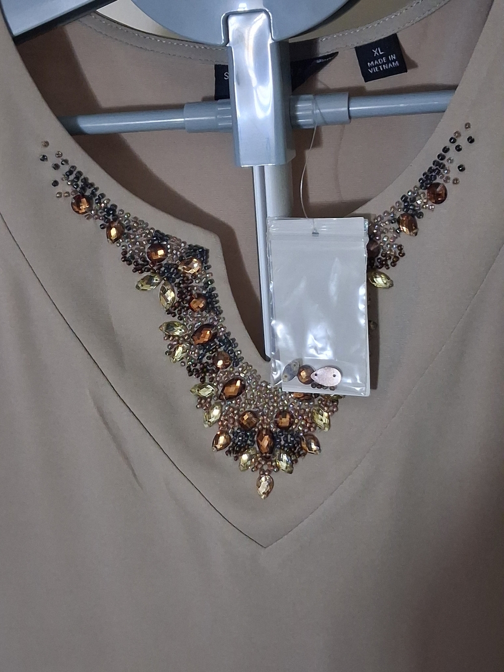 Susan Graver ARTISAN Beige Sleeveless V-Neck Top with Beaded Trim